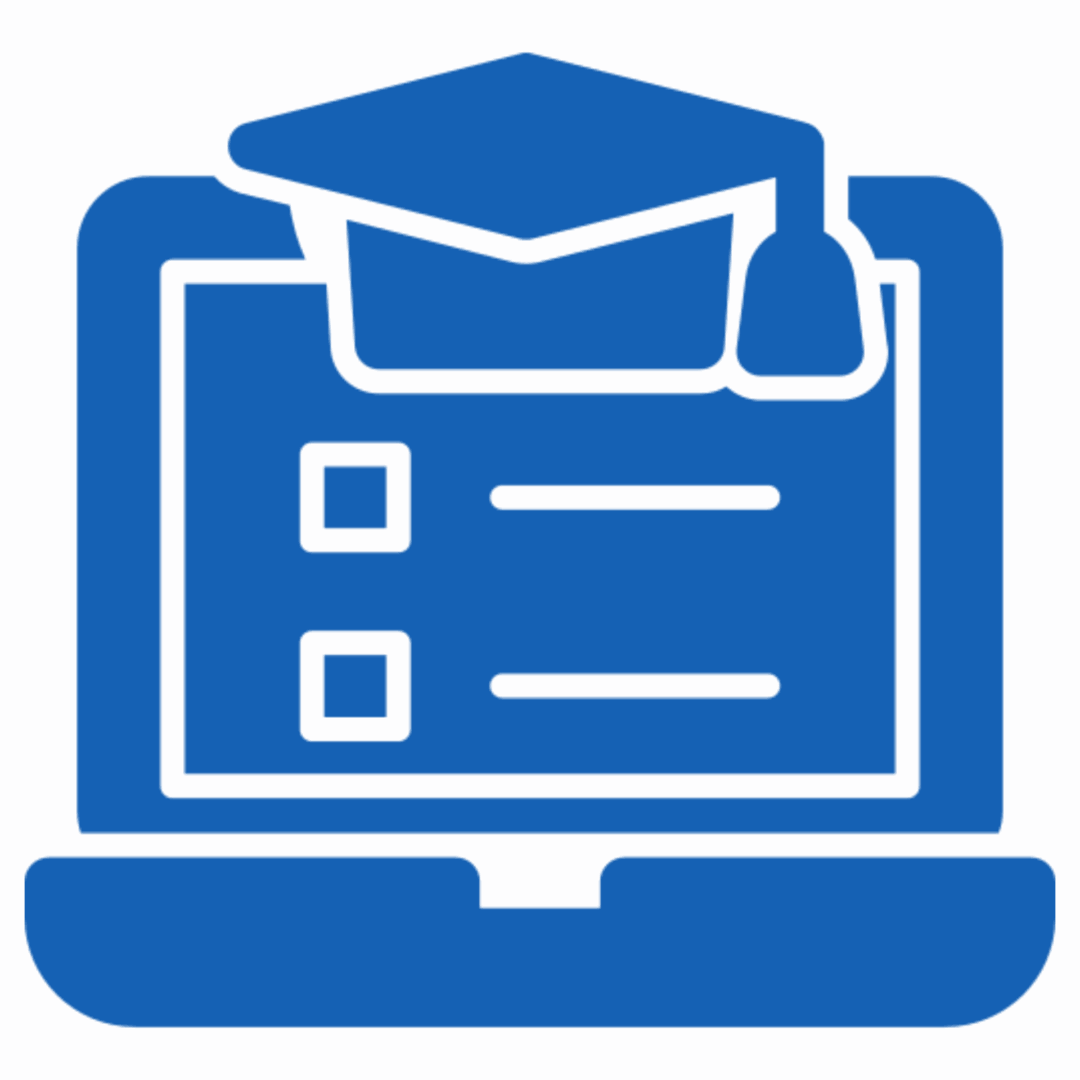 Icon of a document with a pencil on a blue background.