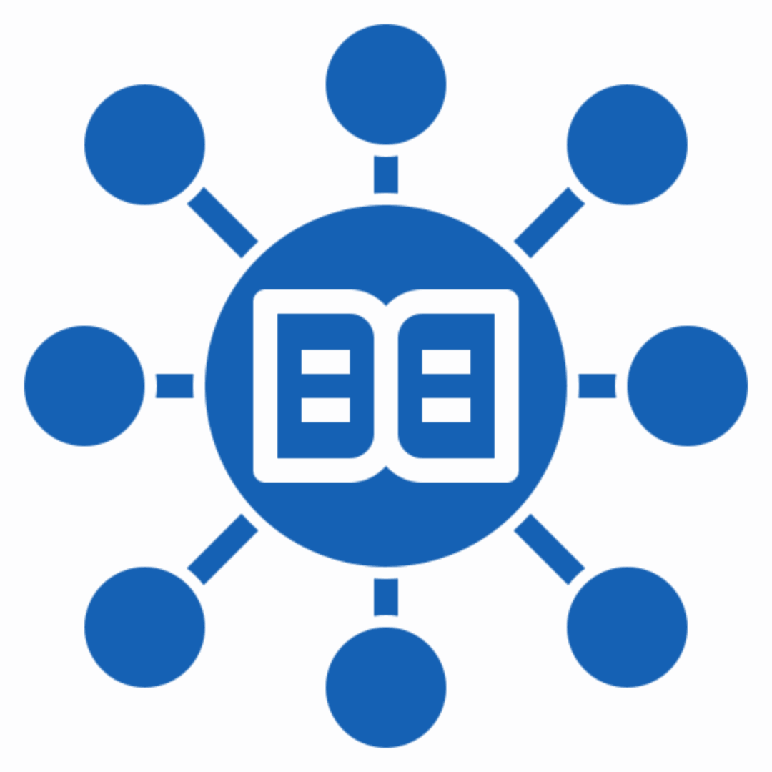 Blue technology network icon with connected nodes.