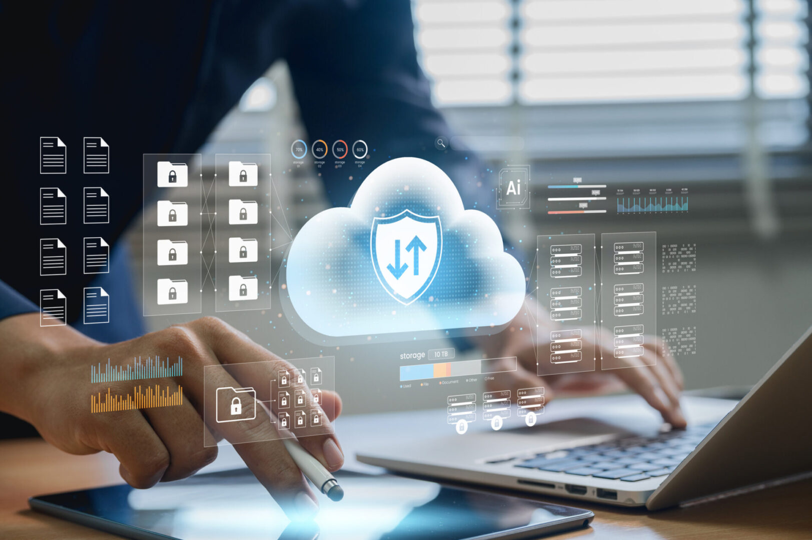 Business professionals managing cloud data transfer and synchronization.