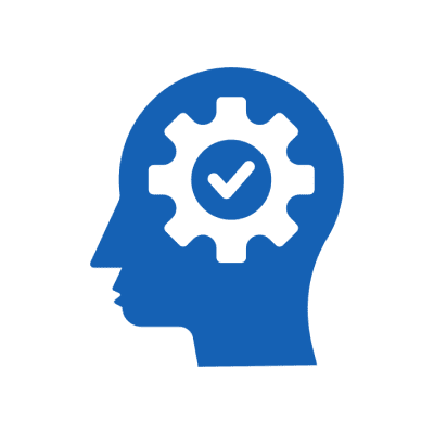 Blue icon of a human head with a gear and checkmark inside.