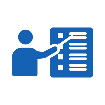Blue icon of a person presenting a document or chart.