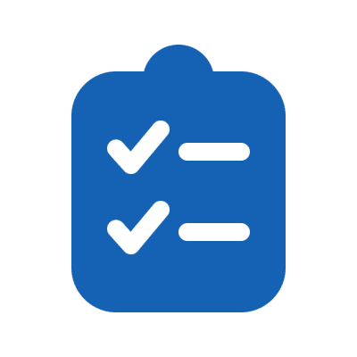 Blue clipboard with checklist icons on a blue background.
