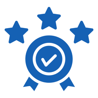 Blue badge with a star and checkmark symbol.
