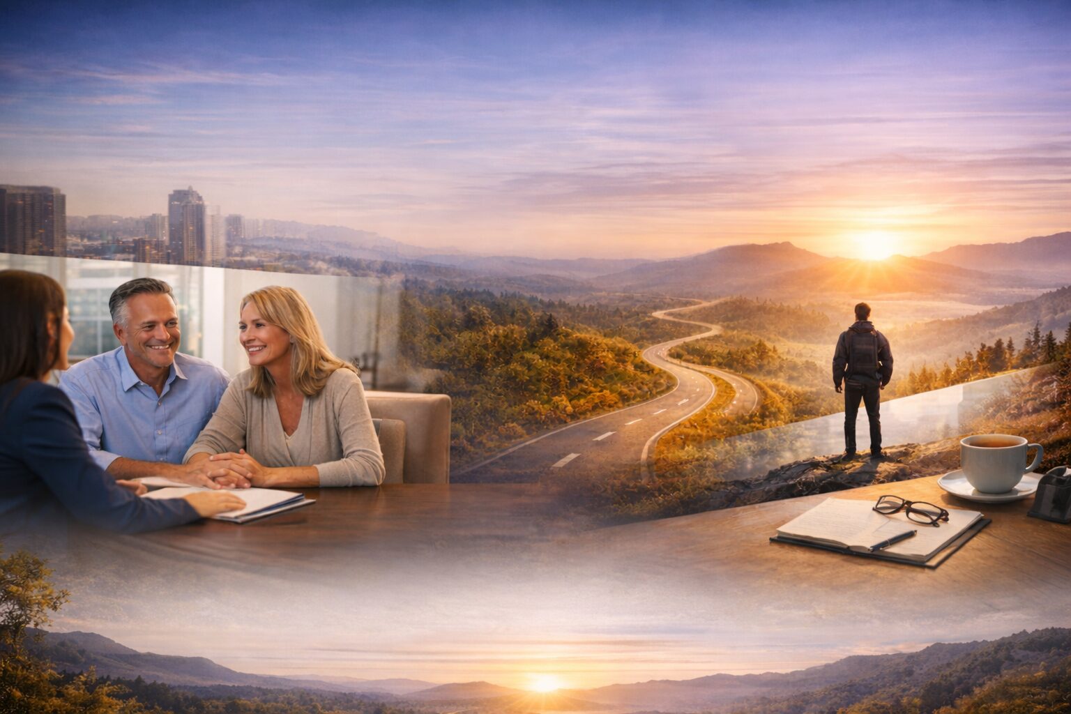 Sunset meeting blending urban work and peaceful nature reflection.
